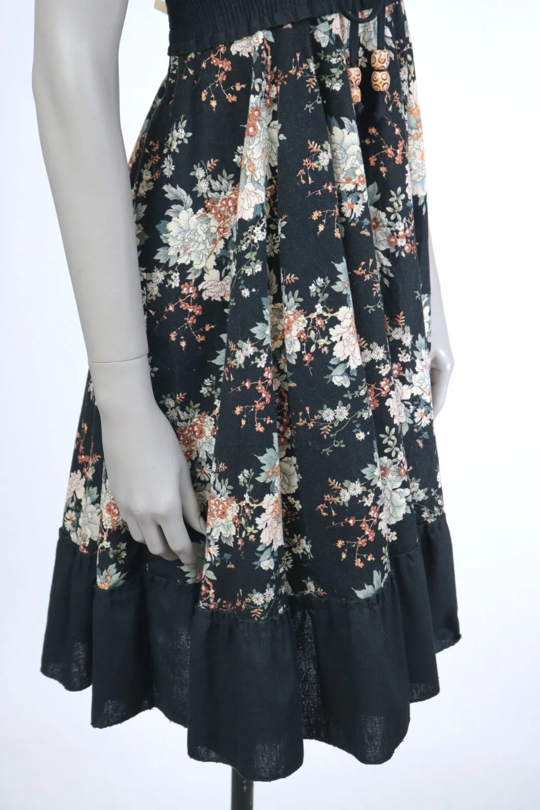 1970s Dark Floral Smocked Strapless Dress
