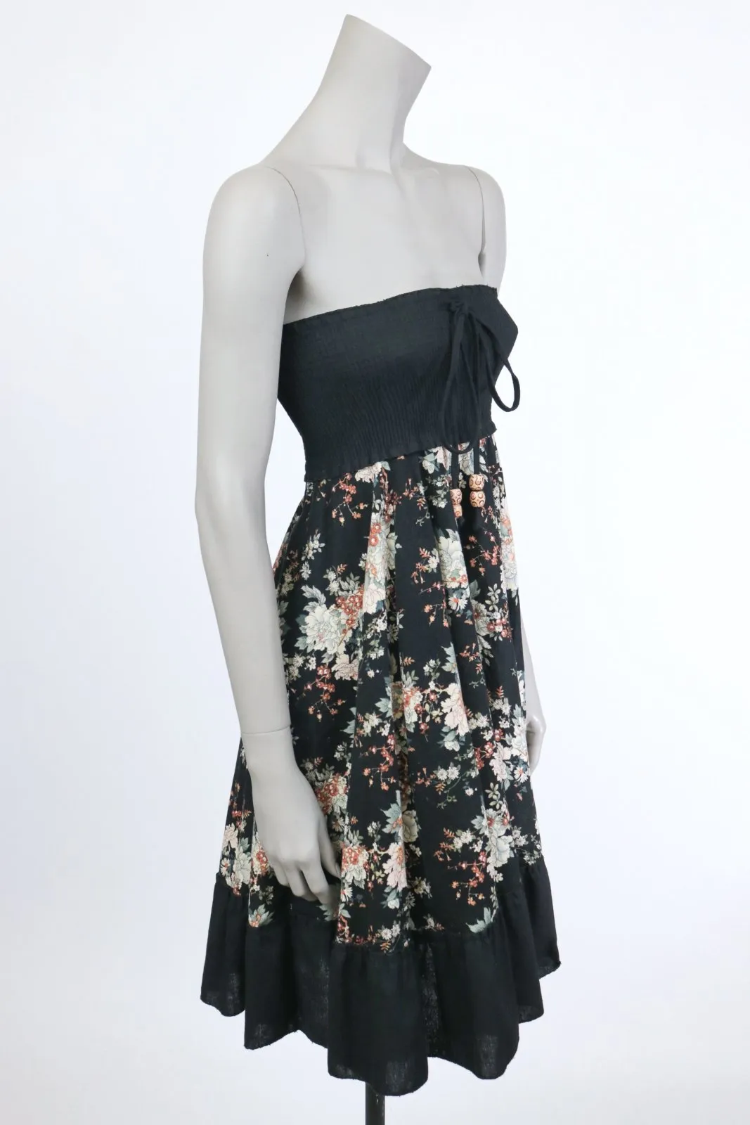 1970s Dark Floral Smocked Strapless Dress
