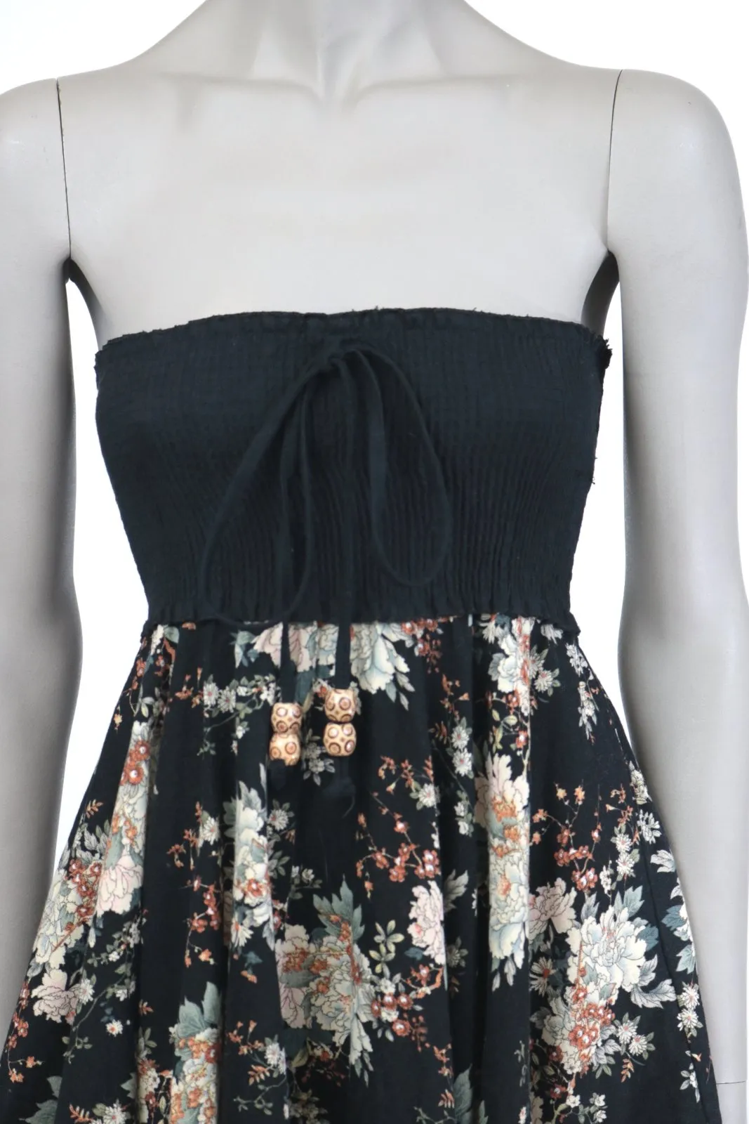 1970s Dark Floral Smocked Strapless Dress