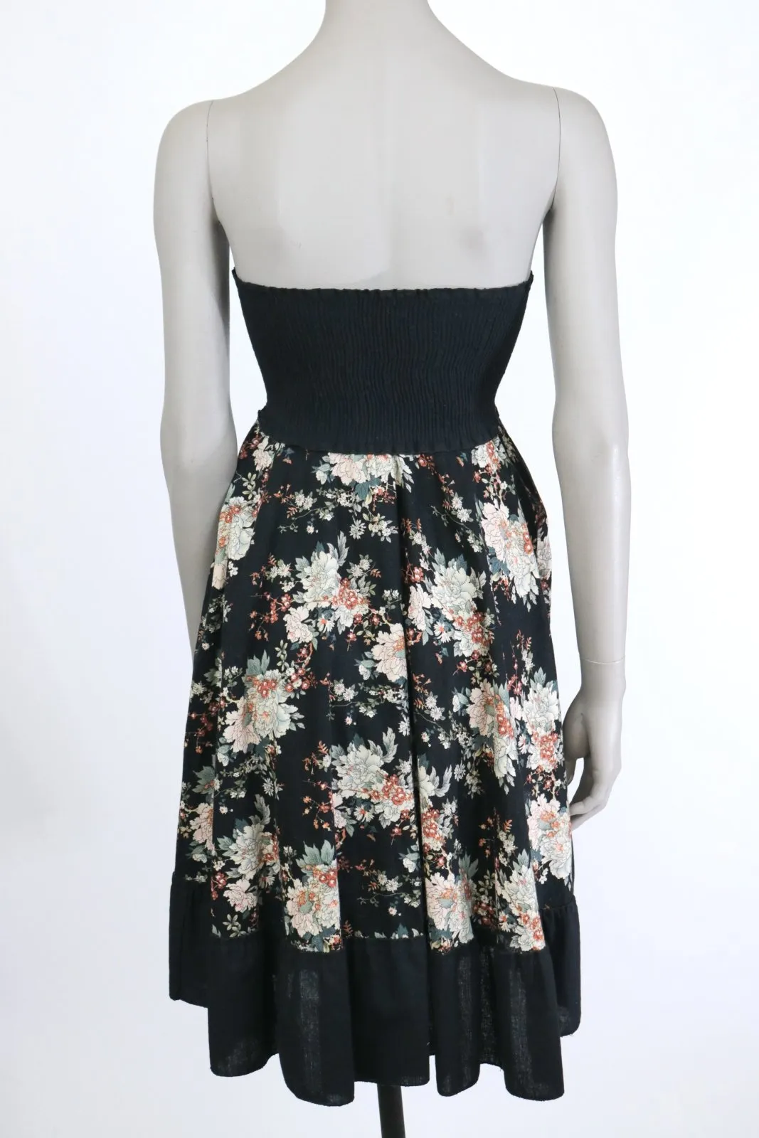 1970s Dark Floral Smocked Strapless Dress