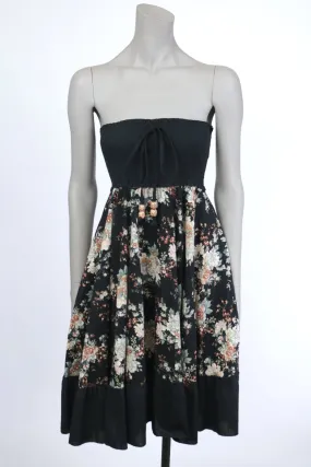 1970s Dark Floral Smocked Strapless Dress