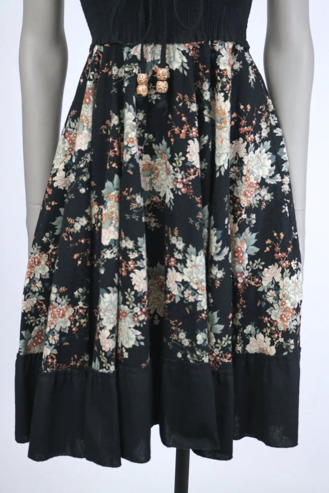 1970s Dark Floral Smocked Strapless Dress