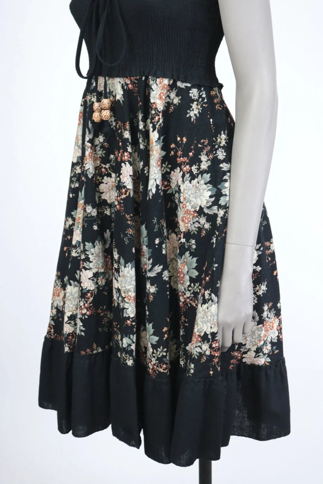 1970s Dark Floral Smocked Strapless Dress
