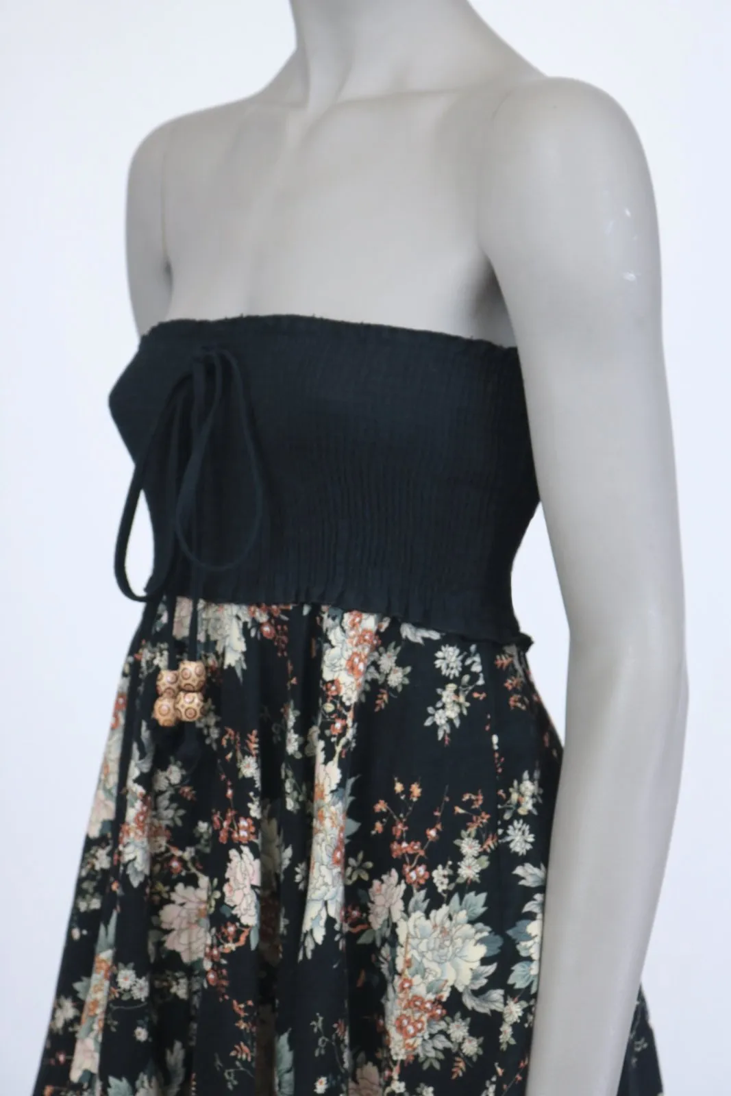 1970s Dark Floral Smocked Strapless Dress
