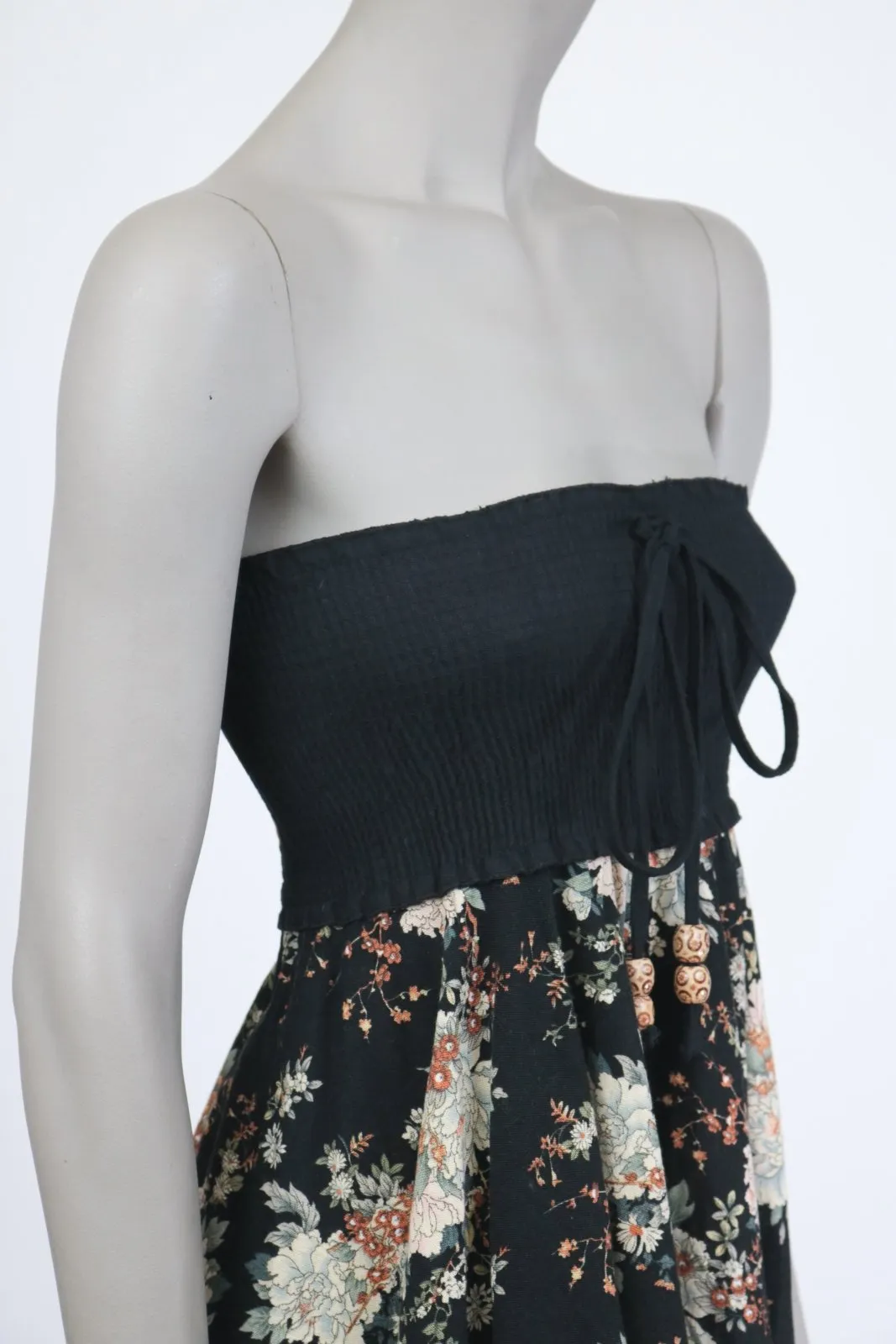 1970s Dark Floral Smocked Strapless Dress