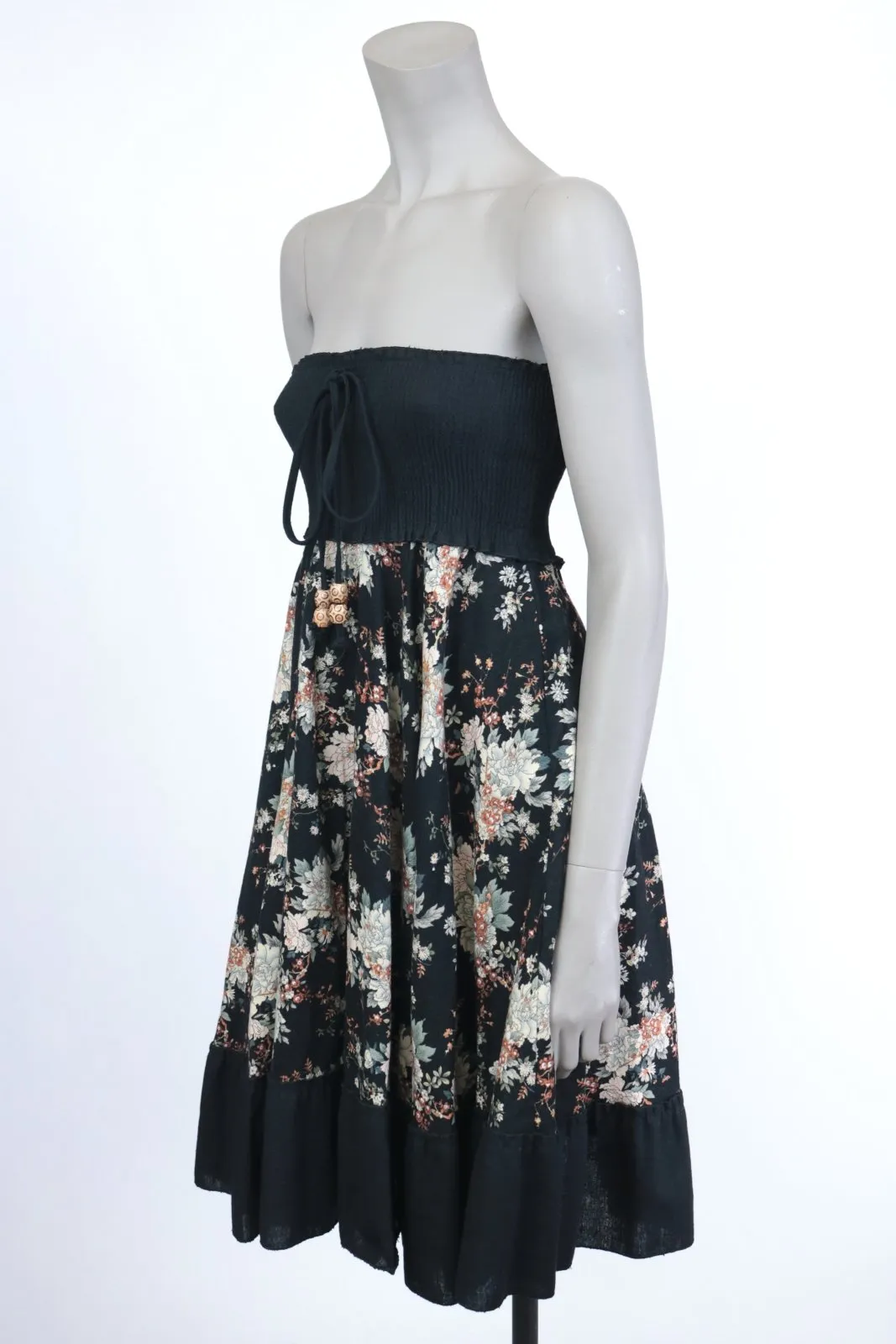1970s Dark Floral Smocked Strapless Dress