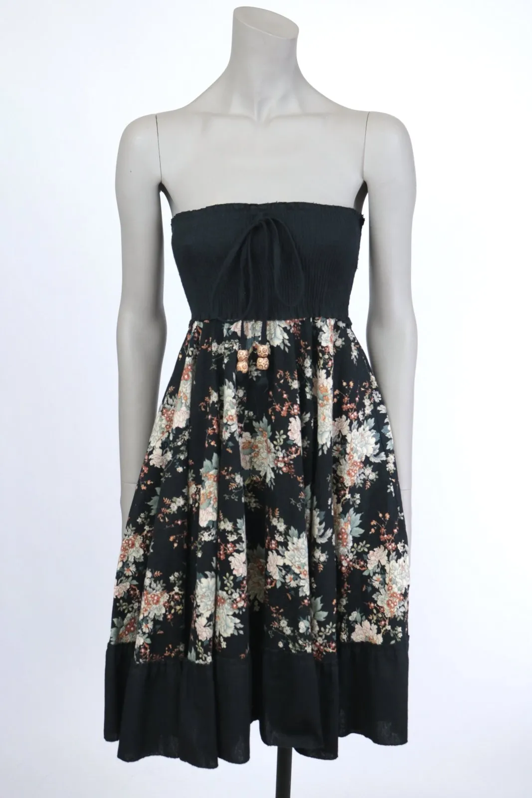 1970s Dark Floral Smocked Strapless Dress