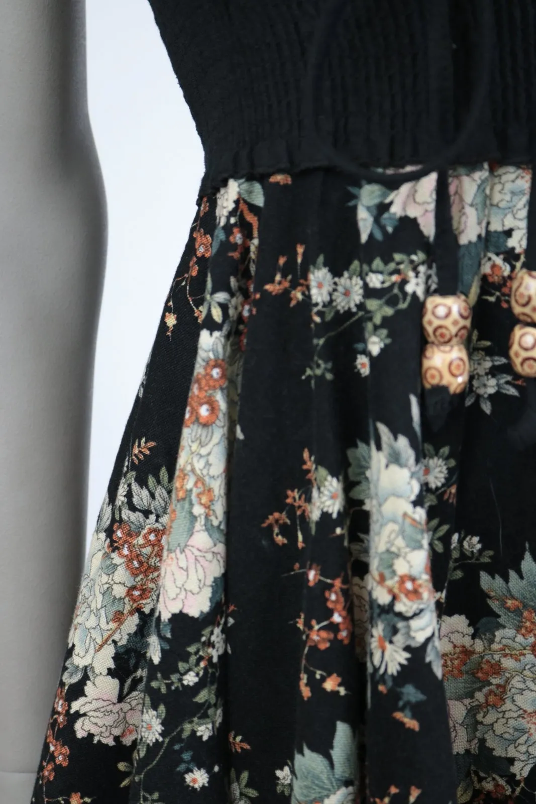 1970s Dark Floral Smocked Strapless Dress