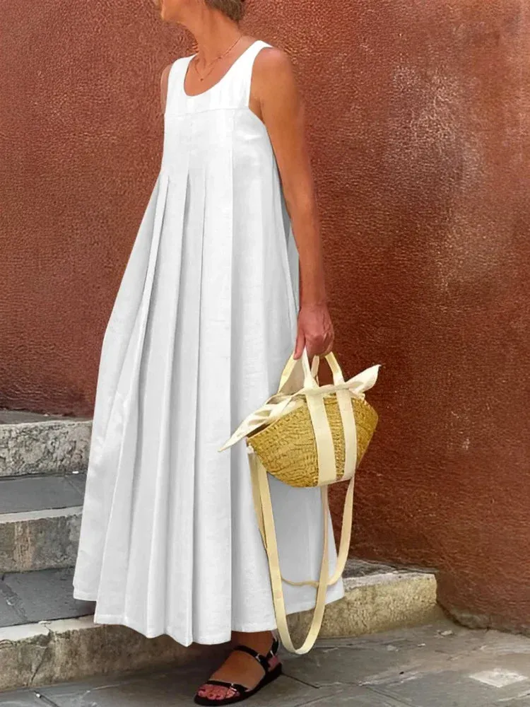 Amozae-Women's Summer Church Dress 2024 cotton and linen Solid Color Sleeveless Pleated Casual Maxi Dress for Female