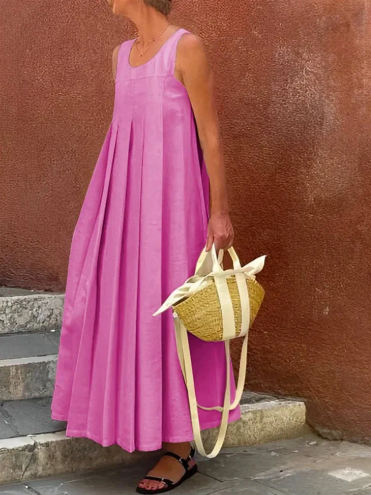 Amozae-Women's Summer Church Dress 2024 cotton and linen Solid Color Sleeveless Pleated Casual Maxi Dress for Female