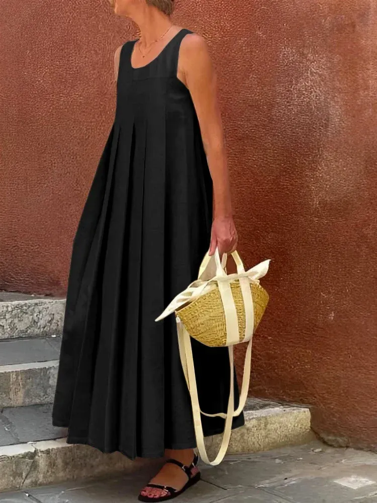 Amozae-Women's Summer Church Dress 2024 cotton and linen Solid Color Sleeveless Pleated Casual Maxi Dress for Female