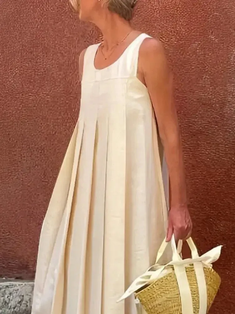 Amozae-Women's Summer Church Dress 2024 cotton and linen Solid Color Sleeveless Pleated Casual Maxi Dress for Female