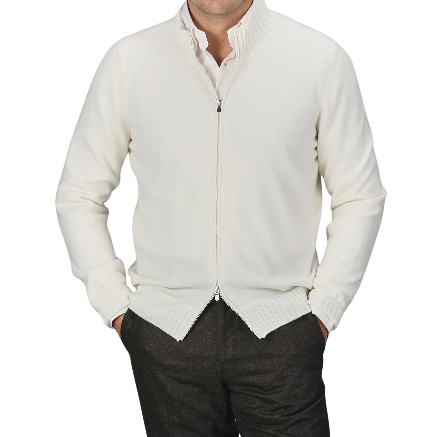 Cream Felted Cashmere Zip Cardigan