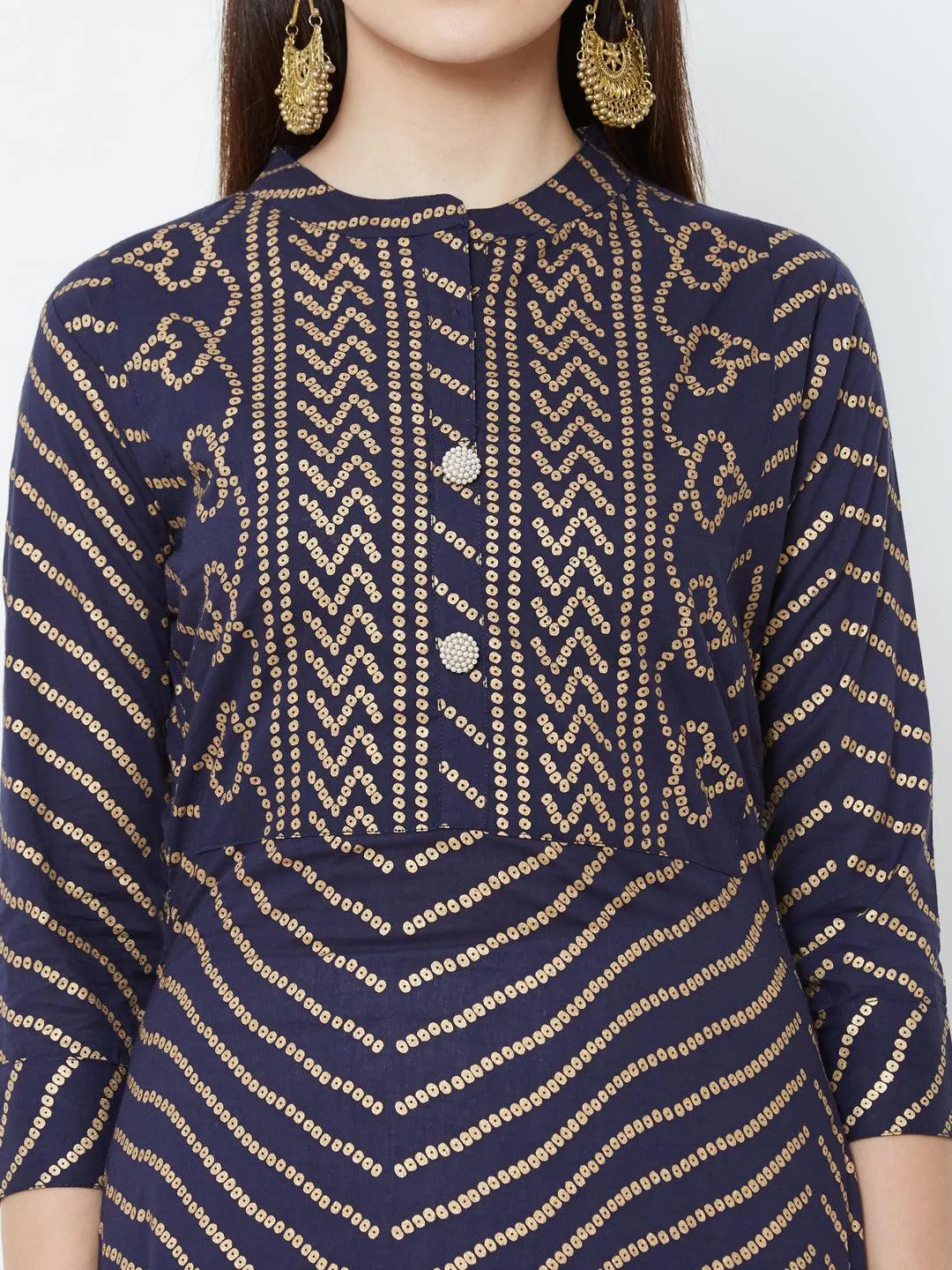 Foil Bandhani & Bead Embellished Kurta with Tiered Skirt – Navy Blue