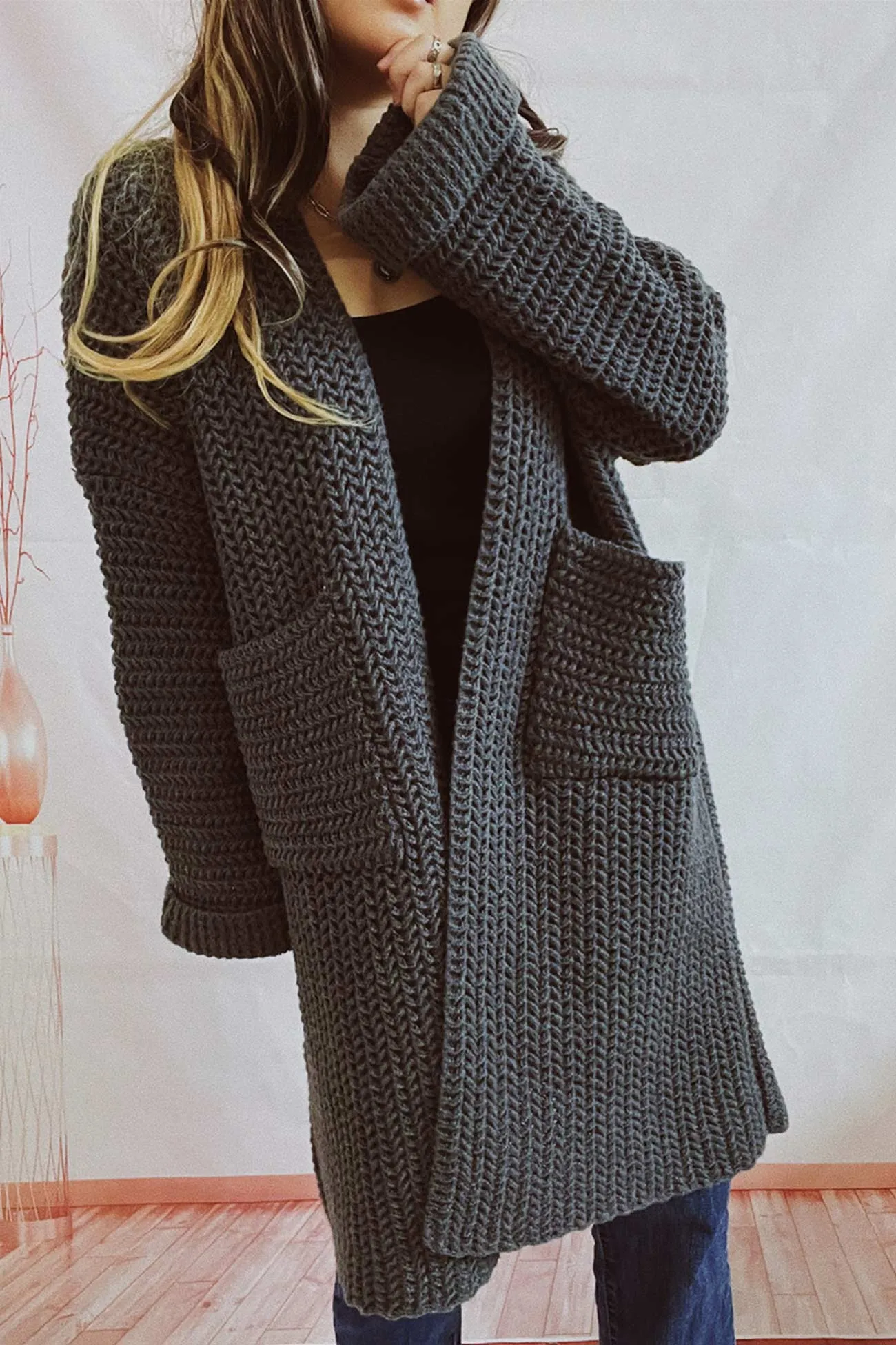 Large Pocket Open Front Cardigan