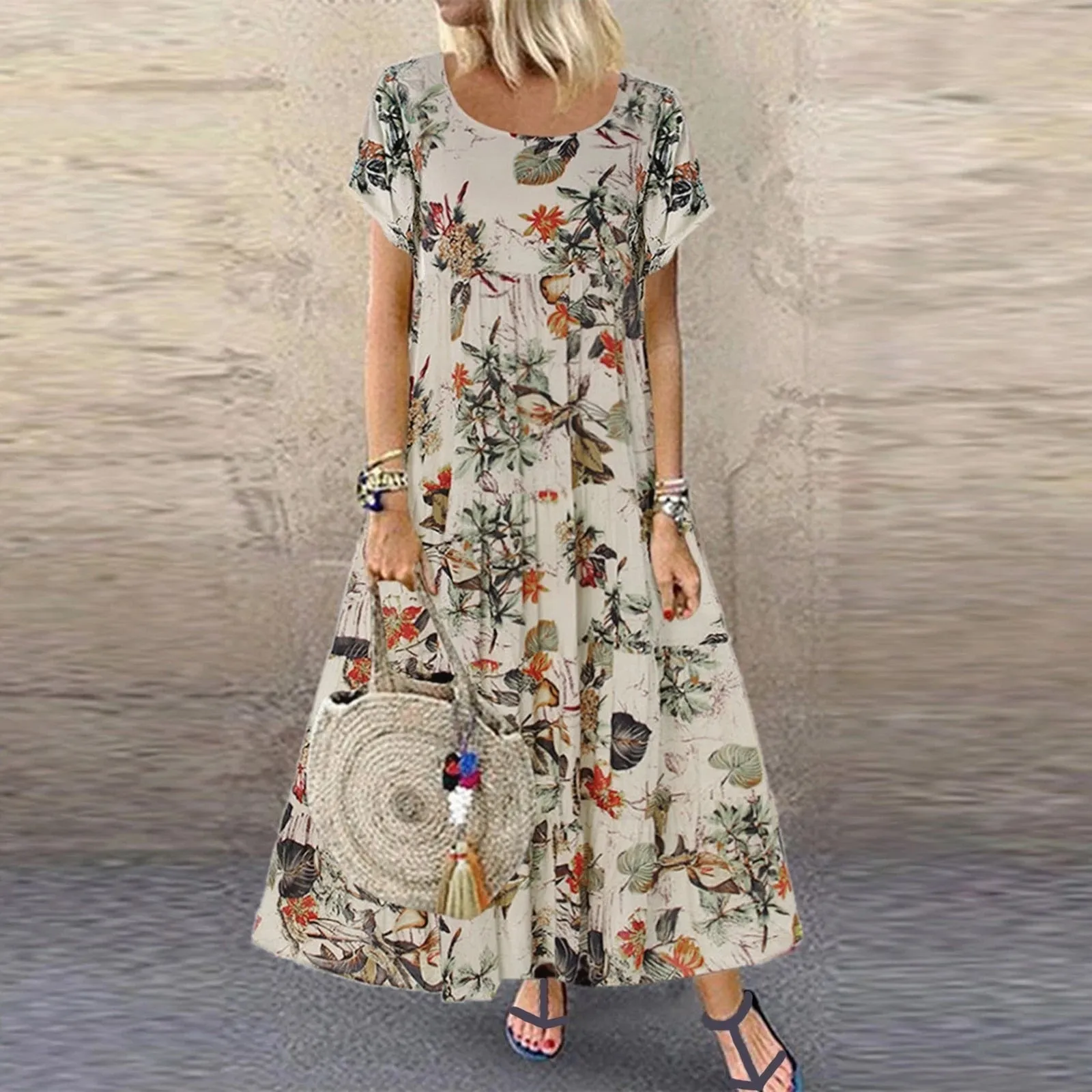 Long Women Summer Elegant Cotton And Linen Ruffle Boho Beach Maxi Dress