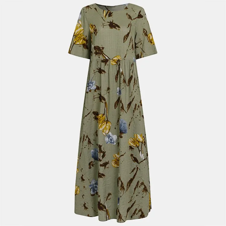 Long Women Summer Elegant Cotton And Linen Ruffle Boho Beach Maxi Dress