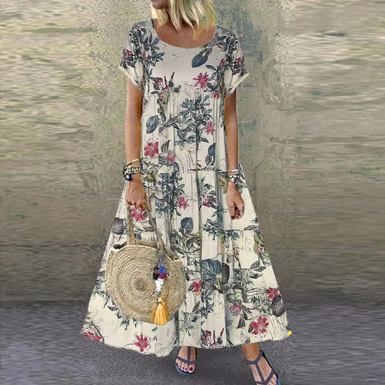 Long Women Summer Elegant Cotton And Linen Ruffle Boho Beach Maxi Dress