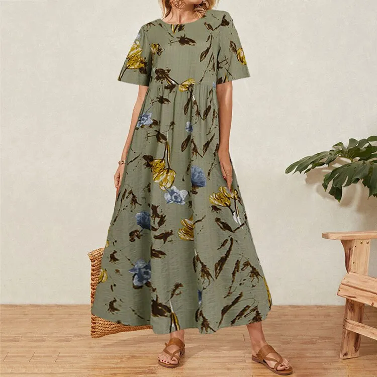 Long Women Summer Elegant Cotton And Linen Ruffle Boho Beach Maxi Dress