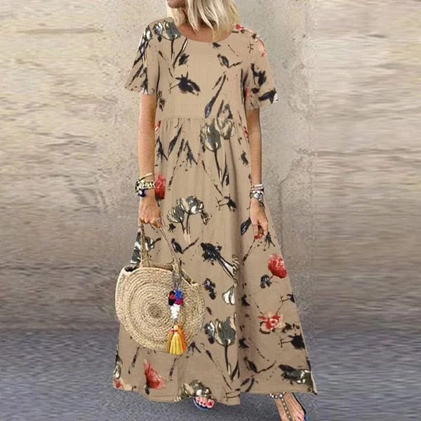 Long Women Summer Elegant Cotton And Linen Ruffle Boho Beach Maxi Dress