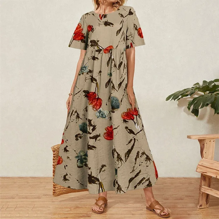 Long Women Summer Elegant Cotton And Linen Ruffle Boho Beach Maxi Dress