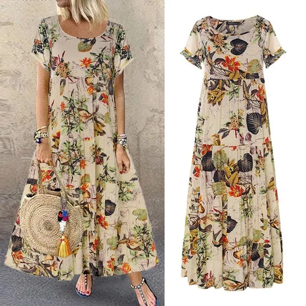 Long Women Summer Elegant Cotton And Linen Ruffle Boho Beach Maxi Dress