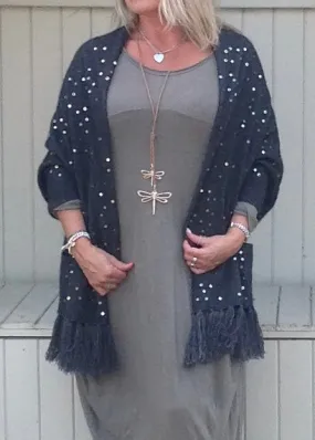 Luxury Cashmere Sequined Wrap in Slate Grey