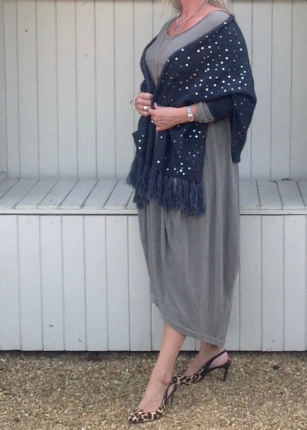 Luxury Cashmere Sequined Wrap in Slate Grey