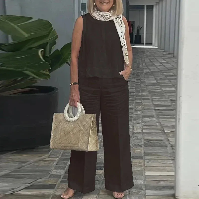 O Neck Sleeveless Blouse Top Pocket Pants Fashion Office Female Solid Thin Cotton Linen Summer Set