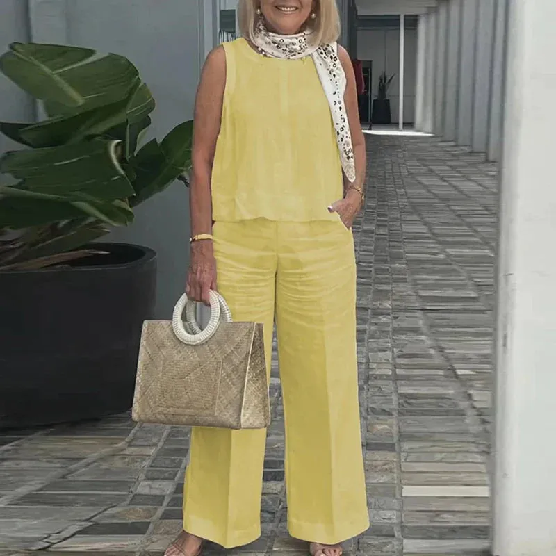 O Neck Sleeveless Blouse Top Pocket Pants Fashion Office Female Solid Thin Cotton Linen Summer Set
