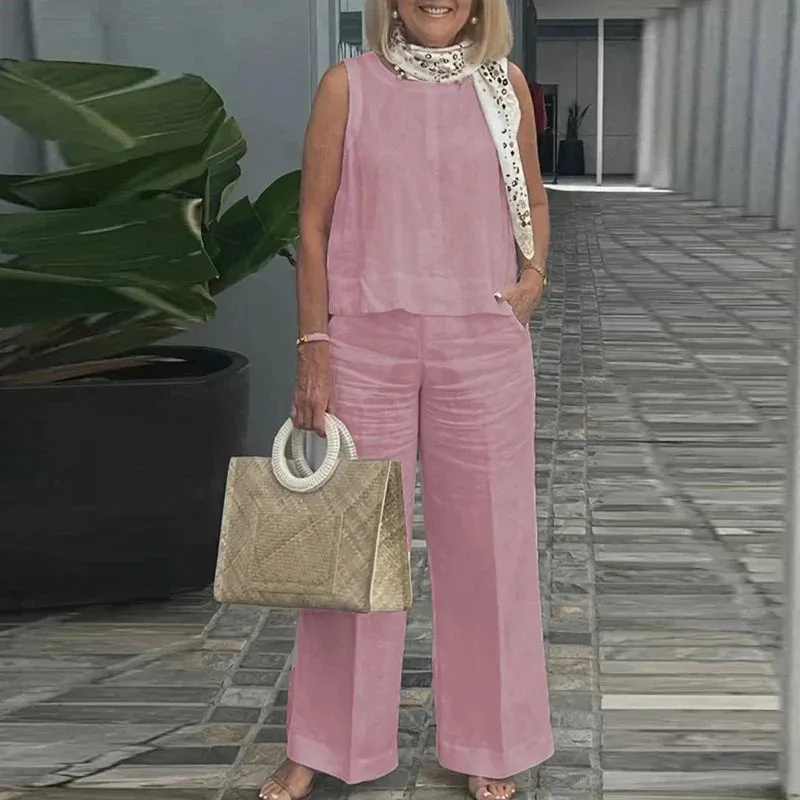 O Neck Sleeveless Blouse Top Pocket Pants Fashion Office Female Solid Thin Cotton Linen Summer Set