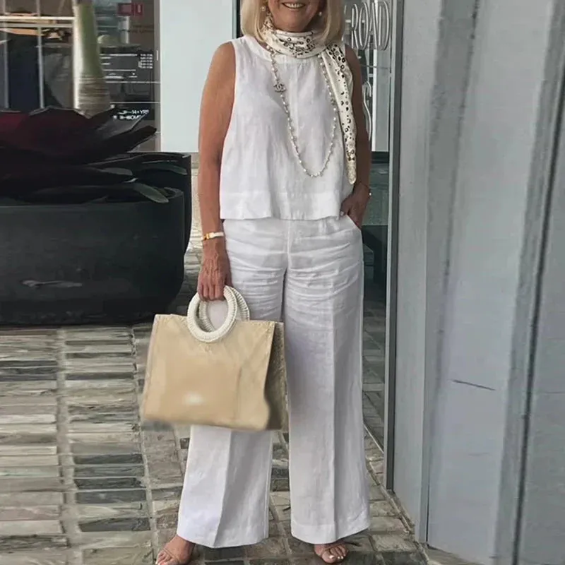 O Neck Sleeveless Blouse Top Pocket Pants Fashion Office Female Solid Thin Cotton Linen Summer Set