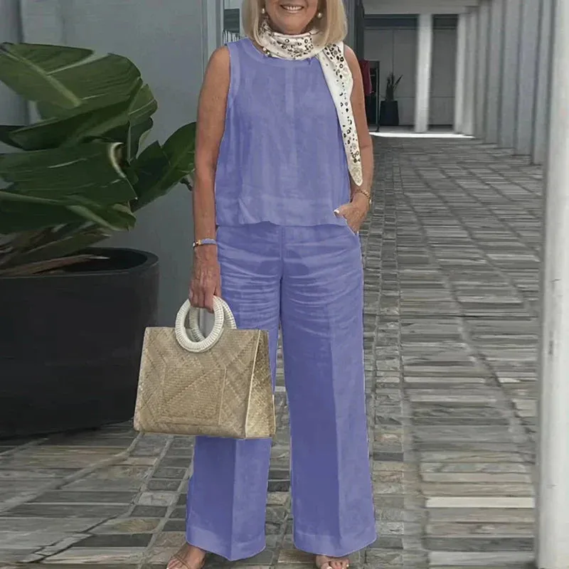 O Neck Sleeveless Blouse Top Pocket Pants Fashion Office Female Solid Thin Cotton Linen Summer Set