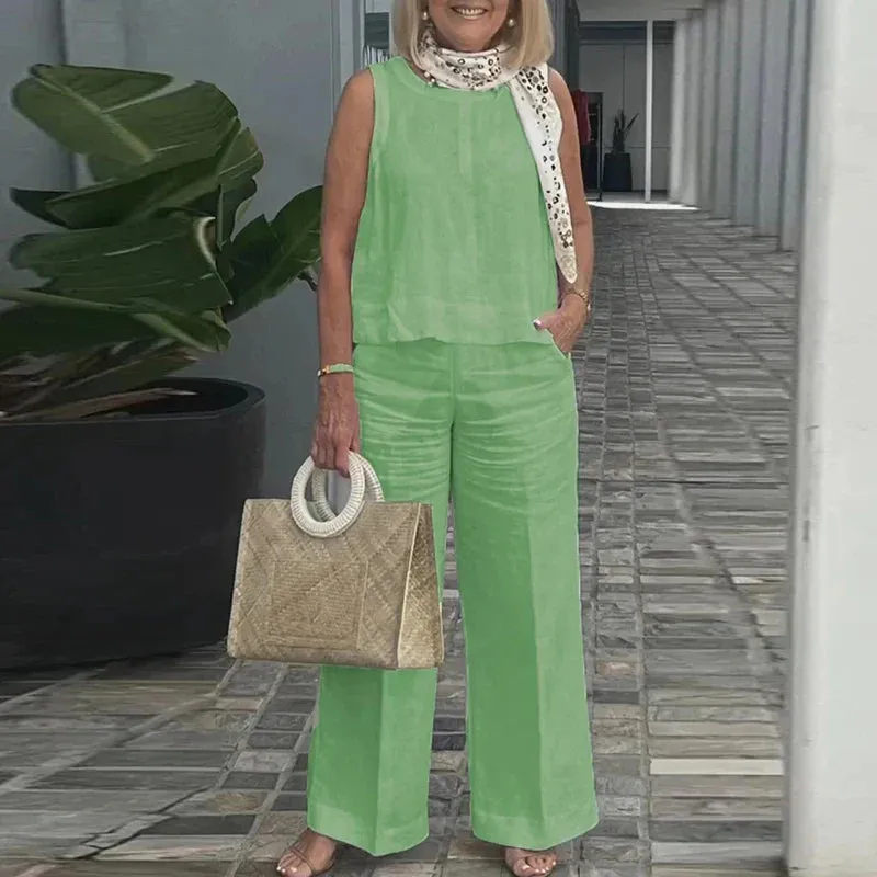 O Neck Sleeveless Blouse Top Pocket Pants Fashion Office Female Solid Thin Cotton Linen Summer Set