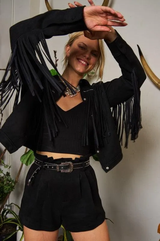 Plus Size Studded Suede Fringe Jacket