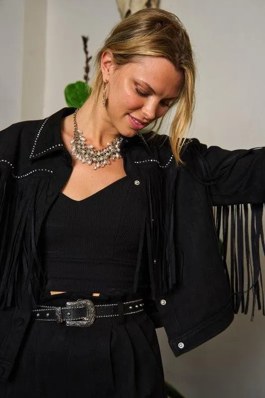 Plus Size Studded Suede Fringe Jacket