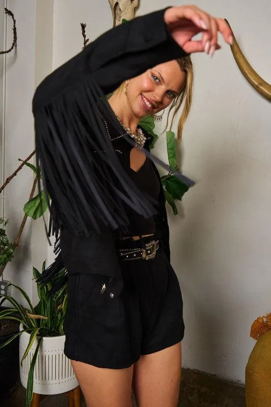 Plus Size Studded Suede Fringe Jacket
