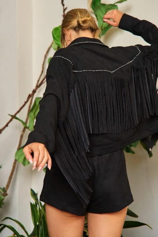 Plus Size Studded Suede Fringe Jacket