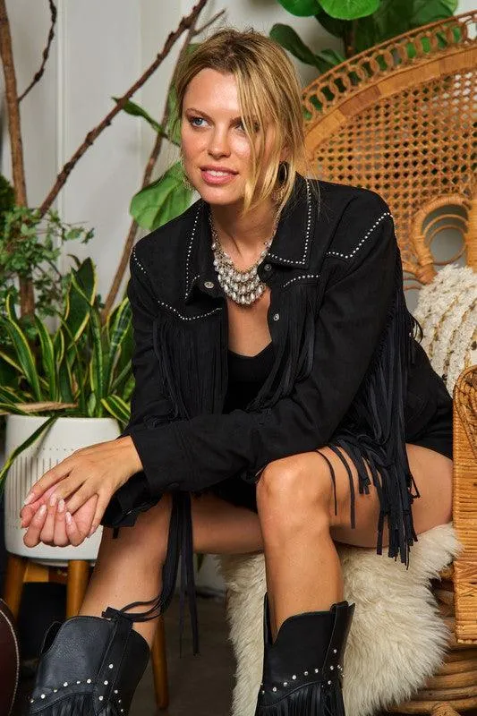 Plus Size Studded Suede Fringe Jacket