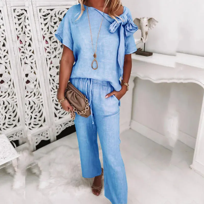Short Sleeve Blouse Tops Pockets Pants Elegant Cotton Linen Fashion Bow Tie-up Solid Office Summer Set