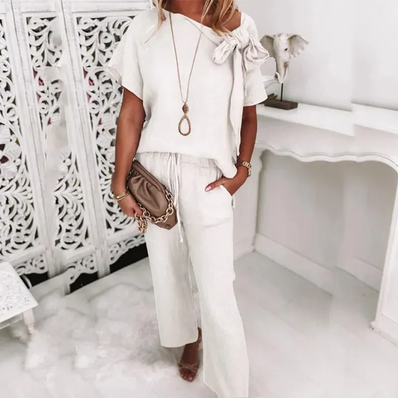 Short Sleeve Blouse Tops Pockets Pants Elegant Cotton Linen Fashion Bow Tie-up Solid Office Summer Set
