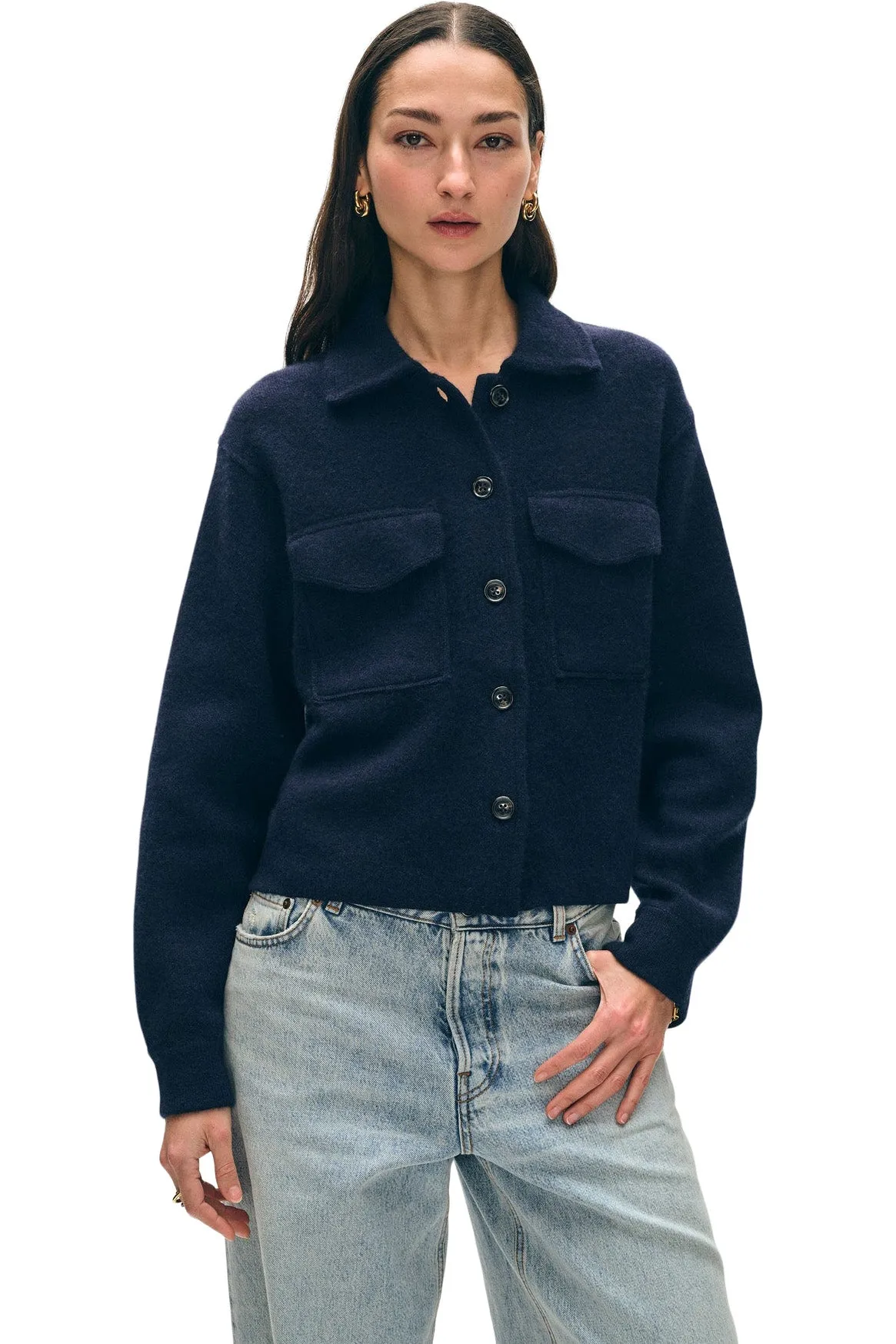 White & Warren Cashmere Cropped Shacket in Deep Navy
