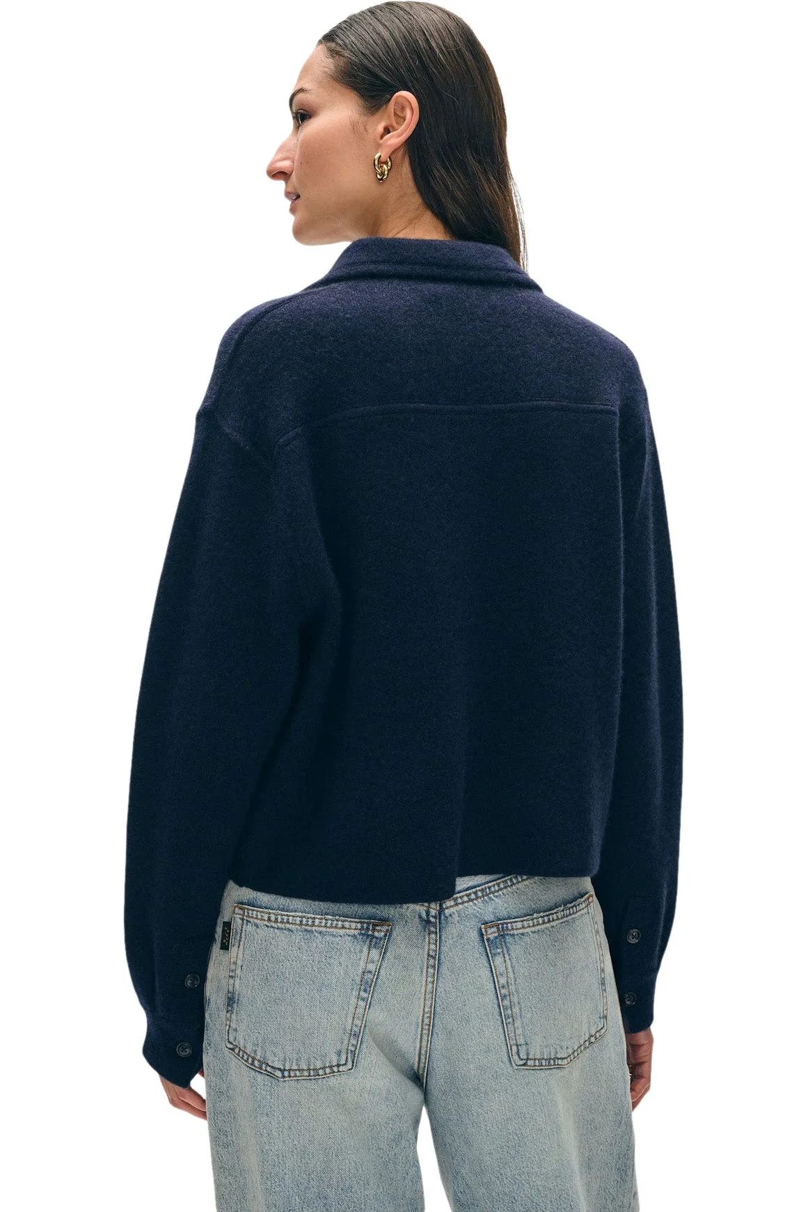 White & Warren Cashmere Cropped Shacket in Deep Navy