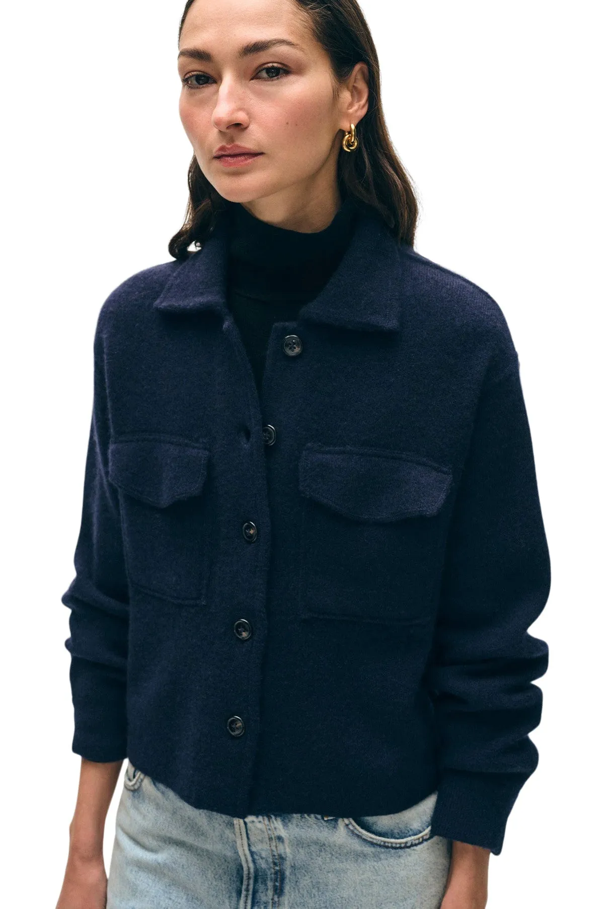 White & Warren Cashmere Cropped Shacket in Deep Navy