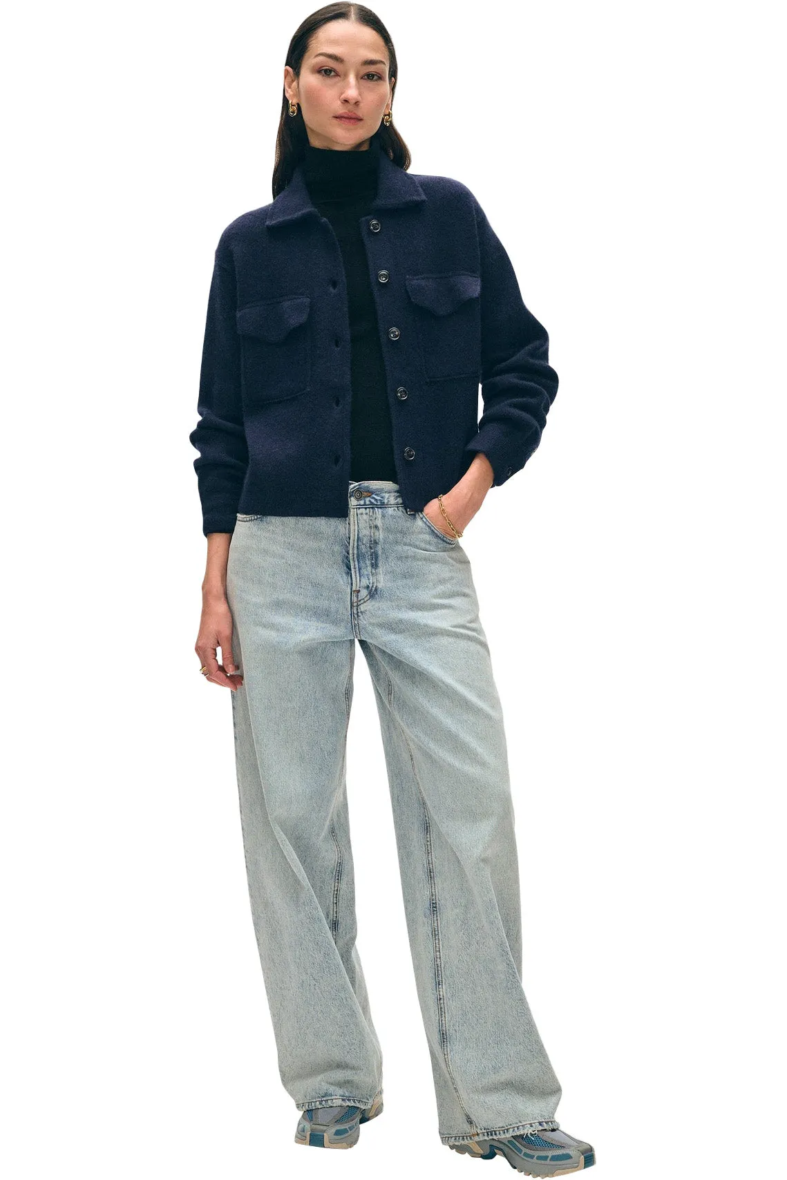 White & Warren Cashmere Cropped Shacket in Deep Navy